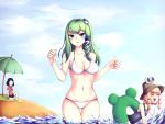  3girls :d =_= ammonite_(488091) bangs bare_arms bare_shoulders beach_mat beach_umbrella bikini black_hair black_shorts blonde_hair blue_sky blue_swimsuit blush braid breasts brown_headwear cleavage closed_eyes cloud collarbone commentary cowboy_shot day eyebrows_visible_through_hair frog_hair_ornament green_eyes green_hair green_umbrella grey_nails groin hair_ornament hair_tubes hands_up highres innertube knee_up kochiya_sanae long_hair looking_at_viewer medium_breasts moriya_suwako multiple_girls nail_polish navel one-piece_swimsuit open_mouth outdoors parted_lips red_shirt shirt short_hair shorts sidelocks sitting sky smile snake_hair_ornament standing stomach swimsuit symbol_commentary thighs touhou twin_braids umbrella wading water white_bikini yasaka_kanako 