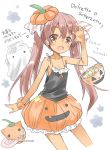  1girl 2others brown_eyes brown_hair candy commentary_request contrapposto curled_fingers fang flat_chest food ghost hair_ribbon halloween_basket halloween_costume hat highres hizuki_yayoi italian_text kantai_collection libeccio_(kantai_collection) long_hair looking_at_viewer mini_hat multiple_others orange_skirt partially_translated pumpkin_skirt ribbon skin_fang skirt striped striped_ribbon tan tank_top translation_request twintails white_background 