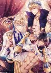  3boys abs ahoge arthur_pendragon_(fate) black_gloves black_hair blonde_hair blue_eyes blue_neckwear blue_vest cape closed_mouth curtains earrings fate/grand_order fate_(series) formal gem gilgamesh gilgamesh_(caster)_(fate) gloves goblet jewelry looking_at_viewer male_focus multiple_boys necklace necktie ozymandias_(fate) popped_collar red_eyes smile suit turban twitter_username vest white_cape white_suit yellow_eyes yuuzuki_lily 