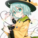  1girl :o ahoge alternate_eye_color aqua_eyes aqua_hair arin_(fanfan013) black_headwear bow buttons collared_shirt commentary_request corded_phone eyebrows_visible_through_hair frilled_shirt frilled_shirt_collar frilled_sleeves frills glint green_hair green_skirt hair_between_eyes hands_up hat hat_bow hat_ribbon heart heart_of_string holding holding_phone holding_string komeiji_koishi long_sleeves looking_to_the_side open_mouth phone ribbon shiny shiny_hair shirt short_hair simple_background skirt solo sparks talking_on_phone touhou twitter_username upper_body white_background wide_sleeves yellow_bow yellow_ribbon yellow_shirt 