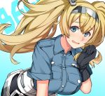  1girl black_gloves blonde_hair blue_eyes blue_shirt breast_pocket breasts collared_shirt cowboy_shot gambier_bay_(kantai_collection) gloves hairband kantai_collection large_breasts leaning_forward looking_at_viewer multicolored multicolored_clothes open_mouth pocket shirt shorts solo tsukinami_kousuke twintails two-tone_background 