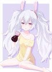  1girl animal_ears azur_lane bangs bare_shoulders barefoot between_legs bottle breasts bunny_ears collarbone commentary_request derivative_work drop_shadow eyebrows_visible_through_hair hair_between_eyes hairband hand_between_legs holding holding_bottle laffey_(azur_lane) long_hair looking_at_viewer off_shoulder parted_lips purple_background red_eyes red_hairband shirt short_sleeves sitting small_breasts solo twintails two-tone_background very_long_hair wariza white_background white_hair yellow_shirt yutsuki_warabi 