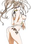  aa_megami-sama ass belldandy blue_eyes bracelet breasts brown_hair collar covered_nipples facial_mark forehead_mark highres jewelry joy_division large_breasts long_hair looking_at_viewer looking_back one_eye_closed ponytail ring sideboob slingshot_swimsuit solo strap_gap swimsuit tattoo thighs white_background 