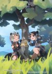  3girls :d ^_^ american_beaver_(kemono_friends) animal_ears antenna_hair bangs_pinned_back bare_shoulders beaver_ears beaver_tail between_legs black_gloves black_swimsuit blue_eyes blue_sky blurry brown_jacket choker closed_eyes copyright_name dappled_sunlight day depth_of_field elbow_gloves eurasian_beaver_(kemono_friends) eyebrows_visible_through_hair facing_another gloves gradient_hair grass grey_hair hair_ornament hairclip hands_up jacket kemono_friends kemono_friends_3 long_sleeves looking_at_another multicolored_hair multiple_girls official_art one_knee open_clothes open_jacket open_mouth outdoors pale-throated_three-toed_sloth_(kemono_friends) popped_collar round_teeth saltlaver short_hair short_shorts shorts sitting sky sleeping smile striped sunlight swimsuit swimsuit_under_clothes tail tareme teeth tree wariza |d 