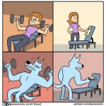  1:1 ac_stuart anthro black_nose blue_body blue_fur canid canine canis clothing comic exercise eyes_closed featureless_crotch female fur grimace human humanoid_pointy_ears jeremy_(slothwolf) lint_roller male mammal muscular nude weightlifting weights wolf workout 