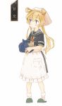  1girl abukuma_(kantai_collection) apron bangs black_jacket blonde_hair blue_eyes blush closed_mouth enu_(roco_roco44) eyebrows_visible_through_hair frilled_apron frills full_body green_footwear grey_sailor_collar hair_between_eyes hair_rings head_scarf holding jacket kantai_collection long_hair looking_away neck_ribbon open_clothes open_jacket red_ribbon ribbon sailor_collar short_sleeves sign slippers socks solo standing translation_request twintails very_long_hair waist_apron white_apron white_background white_footwear 