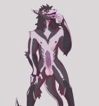  2019 4_fingers anthro balls black_hair digital_media_(artwork) erection fingers fur hair hi_res long_tongue male nude open_mouth penis presenting presenting_penis purple_body purple_fur purple_penis sergal solo thanris_(thanris) tohfu tongue tongue_out yellow_eyes 