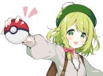  1girl :d backpack bag bangs blush bow braid collarbone commentary_request cosplay eyebrows_visible_through_hair fingernails green_eyes green_hair green_headwear grey_jacket hair_bow holding holding_poke_ball jacket long_sleeves meito_(maze) morinaka_kazaki nail_polish nijisanji notice_lines open_mouth outstretched_arm pink_nails poke_ball poke_ball_(generic) pokemon pokemon_(game) pokemon_swsh puffy_long_sleeves puffy_sleeves red_bow shirt simple_background single_braid smile solo tam_o&#039;_shanter upper_body v-shaped_eyebrows virtual_youtuber white_background white_shirt yuuri_(pokemon) yuuri_(pokemon)_(cosplay) 