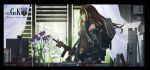  1girl absurdres assault_rifle book brown_hair chinese_commentary commentary_request cup drinking_glass english_commentary english_text garden girls_frontline glass grifon&amp;kryuger gun gun_case highres m4_carbine m4a1_(girls_frontline) mod3_(girls_frontline) office rifle solo weapon window wjn-rance 