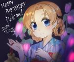  1girl artist_name bag bangs black_bow blue_eyes blue_kimono bow braid character_name closed_mouth commentary dated english_text eyebrows_visible_through_hair floral_print flower flower_request girls_und_panzer hair_bow handbag happy_birthday highres holding japanese_clothes kimono light_blush looking_at_viewer orange_hair orange_pekoe parted_bangs pink_flower print_kimono short_hair signature smile solo tied_hair toon_(noin) twin_braids 