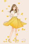  1girl :o absurdres autumn_leaves bare_legs brown_eyes brown_hair dated falling_leaves full_body ginkgo_leaf grey_background hand_up high_heels highres jacket leaf long_hair long_sleeves medium_skirt neck_ribbon original parted_lips ribbon sako_(35s_00) signature simple_background skirt standing white_jacket yellow_footwear yellow_neckwear yellow_ribbon yellow_skirt 