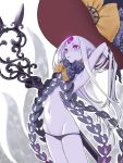  1girl abigail_williams_(fate/grand_order) arm_up armpits bangs bare_shoulders black_bow black_headwear black_panties bow breasts fate/grand_order fate_(series) forehead hat highres keyhole long_hair multiple_bows navel orange_bow panties parted_bangs parted_lips pink_eyes simple_background small_breasts solo sow_mhxx staff tentacles thighs third_eye underwear white_background white_hair white_skin witch_hat 