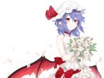  1girl alternate_costume asutora bangs bare_arms bare_shoulders bat_wings blue_hair blush bouquet choker collarbone dress eyebrows_visible_through_hair flower followers hair_between_eyes hat hat_ribbon holding holding_flower looking_at_viewer low_wings mob_cap petals pointy_ears red_choker red_eyes red_ribbon red_sash remilia_scarlet ribbon rose sash short_hair sidelocks simple_background smile solo strapless strapless_dress thank_you touhou white_background white_dress white_flower white_headwear white_rose wings 