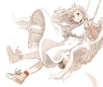  1girl absurdres angel_wings blurry brown_eyes depth_of_field dress feathers floating_hair grey_hair highres kana_(okitasougo222) long_hair original shoes smile sneakers solo swing white_dress wings 