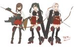  3girls bangs black_legwear boots bow_(weapon) brown_eyes brown_gloves brown_hair closed_mouth crossbow enu_(roco_roco44) eyebrows_visible_through_hair flight_deck gloves green_hair grey_footwear grey_legwear hair_between_eyes hair_ribbon headgear holding holding_bow_(weapon) holding_weapon japanese_clothes kantai_collection kimono long_hair long_sleeves looking_at_viewer machinery multiple_girls muneate parted_lips partly_fingerless_gloves pleated_skirt red_ribbon red_skirt ribbon shirt shoukaku_(kantai_collection) silver_hair simple_background single_glove skirt smile taihou_(kantai_collection) thighhighs translation_request twintails very_long_hair weapon white_background white_kimono white_shirt yugake zuikaku_(kantai_collection) 