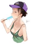  1girl blush breasts brown_eyes brown_hair cleavage food hat nipples onodera_(einsatz) original popsicle simple_background sketch solo spaghetti_strap sweat white_background 
