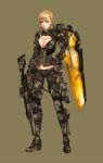  1girl absurdres assault_rifle blonde_hair blue_eyes breasts camouflage camouflage_gloves camouflage_pants cleavage commentary english_commentary full_body groin gun hand_on_hip highres hood hood_down large_breasts looking_at_viewer original pants pouch rifle solo standing weapon wei_(kaminari0411) zipper 