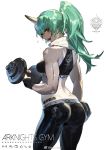  1girl arknights artist_name ass breasts brown_eyes contrapposto cowboy_shot dimples_of_venus dumbbell exercise eyebrows_visible_through_hair from_side green_hair han-0v0 horn hoshiguma_(arknights) long_hair medium_breasts open_mouth ponytail shiny shiny_clothes simple_background solo sports_bra sweat tattoo weibo_username white_background 