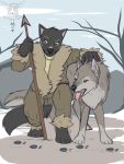  2014 anthro black_nose bodily_fluids brown_eyes canid canine canis clothed clothing crouching detailed_background digital_media_(artwork) drooling duo eyebrows feral fully_clothed fur fur_collar fur_trim furries_with_pets holding_object holding_weapon looking_aside male mammal mei5683 melee_weapon multicolored_body multicolored_fur outside polearm raised_eyebrow rothanos saliva spear tongue tongue_out tracking two_tone_body two_tone_fur watermark weapon wolf yellow_eyes 
