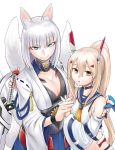  2girls :o animal_ears ayanami_(azur_lane) azur_lane bangs bare_shoulders blonde_hair blue_eyes blue_sailor_collar breasts choker cleavage commentary_request cowboy_shot detached_sleeves eyeliner fox_ears fox_tail headgear holding holding_hands holding_sword holding_weapon interlocked_fingers kaga_(azur_lane) long_hair long_sleeves looking_at_viewer makeup medium_hair midriff multiple_girls multiple_tails nujima ponytail sailor_collar shirt shuriken simple_background sleeveless sleeveless_shirt sword tail weapon white_background wristband yellow_eyes yellow_neckwear 