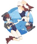  2girls air_bubble animal bangs bare_arms bare_shoulders black_hair blue_swimsuit blush boots breasts brown_footwear bubble closed_mouth enu_(roco_roco44) eye_contact eyebrows_visible_through_hair fish framed_breasts grey_headwear hair_between_eyes holding_hands i-13_(kantai_collection) i-14_(kantai_collection) kantai_collection looking_at_another multiple_girls open_mouth rudder_footwear sailor_collar shirt sleeveless sleeveless_shirt small_breasts smile swimsuit toeless_boots upside-down white_sailor_collar white_shirt yellow_eyes 