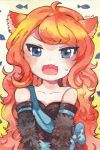  animal_ears bare_shoulders black_dress blue_bow blue_eyes bow cat_ears dress dungeon_and_fighter elda_(dungeon_and_fighter) fish_background fur_sleeves highres multicolored_hair red_hair revanche signature sweatdrop traditional_media tsurime watercolor_(medium) wavy_hair wavy_mouth 