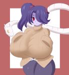  2019 big_breasts blue_hair blush breasts clothed clothing female hair hair_over_eye hi_res huge_breasts jcdr leviathan_(skullgirls) looking_at_viewer not_furry red_eyes sewn_mouth skullgirls smile squigly sweater thick_thighs topwear undead video_games zombie 
