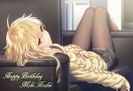  1girl ahoge black_shorts blonde_hair blush breasts character_name closed_mouth collarbone commentary_request couch feet_out_of_frame from_behind green_eyes hair_in_mouth happy_birthday hoshii_miki idolmaster idolmaster_(classic) legwear_under_shorts long_hair long_sleeves looking_at_viewer lying medium_breasts nanaran on_back pantyhose shorts sleepy sleeves_past_wrists smile solo sweater yellow_sleeves 