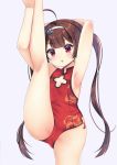  1girl adapted_costume agung_syaeful_anwar ahoge armpits arms_up ass azur_lane bare_arms blush brown_hair cleavage_cutout cowboy_shot hairband leg_up long_hair looking_at_viewer one-piece_swimsuit parted_lips ping_hai_(azur_lane) red_eyes red_swimsuit solo standing standing_on_one_leg swimsuit thighs twintails very_long_hair white_background 