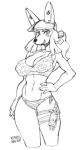  2018 5_fingers anthro bf_109_(hideki_kaneda) bikini breasts canid canine canis clothed clothing domestic_dog female fingers furgonomics hair hat headgear headwear hi_res knife kollerss looking_at_viewer maiz-ken mammal monochrome navel ponytail portrait simple_background sketch smile solo swimwear thigh_gap three-quarter_portrait white_background 