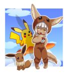  1boy 2girls animal_ears blush bune_poster bunny_ears cloud cosplay eevee eyebrows_visible_through_hair gen_1_pokemon made_in_abyss multiple_girls nanachi_(made_in_abyss) pikachu poke_ball poke_kid_(pokemon) pokemon short_hair surfboard surfing tail white_hair yellow_eyes 