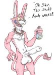  2019 3_fingers absurd_res anthro balls beverage biceps big_balls bottle buckteeth butt chest_tuft claws collar demon english_text fingers front_view fur hi_res holding_object horn humanoid_penis hyper jewelry lagomorph leporid long_ears long_tail madlag male mammal multicolored_body multicolored_fur muscular nude open_mouth penis piercing pink_body pink_fur pose potion rabbit sharp_teeth signature skinny solo solo_focus spade spade_tail spiked_collar spikes standing teeth text traditional_media_(artwork) tuft two_tone_body two_tone_fur vein veiny_penis 