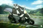  anthro armor belly belly_overhang big_belly canid canine canis claws clothed clothing detailed_background domestic_dog driving eyewear fur gillpanda goggles goggles_on_head grey_body grey_fur headgear helmet husky male mammal moobs motorcycle mountain nordic_sled_dog obese obese_male outside overweight overweight_male sitting solo spitz thick_thighs tight_clothing toe_claws vehicle 