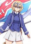 1girl alternate_costume bangs bc_freedom_(emblem) bc_freedom_military_uniform blonde_hair blue_eyes blue_jacket blue_vest braid closed_mouth commentary cowboy_shot dress_shirt emblem eyebrows_visible_through_hair fate/grand_order fate_(series) flag girls_und_panzer headpiece high_collar highres holding holding_flag jacket jeanne_d&#039;arc_(fate) jeanne_d&#039;arc_(fate)_(all) leaning_forward long_hair long_sleeves looking_at_viewer military military_uniform miniskirt omachi_(slabco) pleated_skirt shirt single_braid skirt smile solo standing uniform very_long_hair vest white_shirt white_skirt 