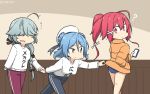  3girls ? ahoge alternate_costume ass black_ribbon blue_eyes blue_hair blue_pants blue_swimsuit braid brown_pants cellphone clothes_writing commentary_request dated double_bun feet_out_of_frame grey_hair hair_over_eyes hair_ribbon hamanami_(kantai_collection) hamu_koutarou hand_in_pocket hat highres i-168_(kantai_collection) jacket kantai_collection long_hair multiple_girls pants phone pink_hair ponytail red_eyes ribbon sailor_hat short_hair single_braid smartphone sweater swimsuit swimsuit_under_clothes track_jacket track_pants translation_request urakaze_(kantai_collection) walking white_headwear white_sweater yellow_jacket 