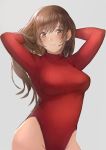  1girl arms_behind_head arms_up bangs bare_hips blush breasts brown_eyes brown_hair closed_mouth commentary_request eyebrows_visible_through_hair grey_background groin hands_in_hair head_tilt highleg highleg_leotard highres large_breasts leotard long_hair long_sleeves looking_at_viewer meme_attire original otsukemono red_leotard red_sweater ribbed_leotard ribbed_sweater shiny shiny_hair sidelocks simple_background solo standing striped_leotard sweater swept_bangs turtleneck turtleneck_leotard turtleneck_sweater uniqlo upper_body 