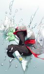  1boy alternate_costume artist_request boots covering_face crying dougi dragon_ball dragon_ball_heroes dragon_ball_super earrings eyepatch full_body fused_zamasu green_skin jewelry long_sleeves male_focus pointy_ears potara_earrings short_hair simple_background solo source_request spiked_hair white_hair zamasu 