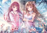  2girls breasts brown_hair clouds cropped flowers long_hair original purple_eyes scan sousouman umbrella 