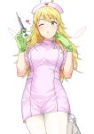  1girl ;o ahoge blonde_hair blush breasts dress finger_to_cheek gloves green_eyes green_gloves hat heart highres holding holding_syringe hoshii_miki idolmaster idolmaster_(classic) leg_up long_hair looking_at_viewer medium_breasts name_tag nurse nurse_cap one_eye_closed pantyhose parted_lips pink_dress short_sleeves simple_background solo standing standing_on_one_leg syringe tsurui white_background white_legwear 