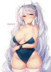  1girl alternate_hairstyle arm_under_breasts blue_swimsuit blush breasts closed_mouth collarbone covered_navel covered_nipples cowboy_shot eyebrows_visible_through_hair hair_ribbon highleg highleg_swimsuit jitome kantai_collection large_breasts long_hair looking_at_viewer one-piece_swimsuit ribbon shiny shiny_skin silver_hair simple_background skindentation solo speech_bubble standing strap_gap swimsuit swimsuit_pull thighhighs translation_request twintails undersized_clothes unryuu_(kantai_collection) very_long_hair white_background white_legwear yamaarashi yellow_eyes 