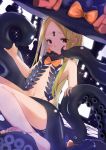  1girl abigail_williams_(fate/grand_order) artist_request bangs bare_shoulders barefoot black_bow black_headwear black_panties blonde_hair blush bow breasts fate_(series) forehead hair_bow hat highres keyhole leaning_back long_hair looking_at_viewer multiple_bows navel orange_bow panties parted_bangs red_eyes simple_background sitting small_breasts smile solo tentacles thighs underwear white_background witch_hat 