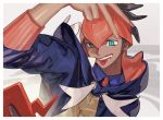  1boy aqua_eyes bandana commentary_request czen dark_skin gen_4_pokemon grey_background highres huge_filesize kibana_(pokemon) male_focus open_mouth orange_bandana pokemon pokemon_(creature) pokemon_(game) pokemon_swsh rotom rotom_phone teeth tongue tongue_out 