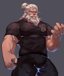  1boy absurdres bara beard black_pants black_shirt facial_hair grey_background guoguo hair_up highres looking_at_viewer male_focus muscle overwatch pants scar scar_across_eye shirt short_sleeves simple_background standing torbjorn_(overwatch) white_hair 