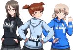 1girl aki_(girls_und_panzer) bangs black_shirt blue_shirt blue_skirt blunt_bangs brown_eyes brown_hair casual clenched_hand closed_mouth clothes_writing cowboy_shot drawstring eyebrows_visible_through_hair from_behind girls_und_panzer green_eyes grey_skirt hair_tie hand_on_hip hands_in_pockets hands_on_hips head_tilt highres hood hood_down hoodie light_brown_hair long_hair long_sleeves looking_at_viewer looking_back mika_(girls_und_panzer) mikko_(girls_und_panzer) miniskirt no_hat no_headwear omachi_(slabco) pants pants_under_skirt pleated_skirt red_eyes red_hair shirt short_hair short_twintails simple_background single_vertical_stripe skirt smile solo standing swedish_text swept_bangs track_pants twintails white_background 