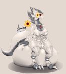  absurd_res anthro big_breasts big_hands black_sclera breasts bulge clothed clothing dragon gf gynomorph hi_res huge_breasts intersex non-mammal_breasts orange_eyes plant scalie simple_background solo sunny_(gf) thick_thighs yellow_pupils 
