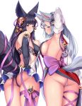  2girls absurdres animal_ears ass bell black_hair blush breasts detached_sleeves erune fox_ears fox_tail fur_trim granblue_fantasy hair_bell hair_ornament highres jingle_bell long_hair looking_at_viewer meropan multiple_girls red_eyes sideboob silver_hair smile socie_(granblue_fantasy) tail thighs yuel_(granblue_fantasy) 