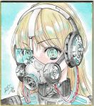  1girl absurdres ao_miduki blonde_hair cable calligraphy_brush commentary_request cyberpunk eyebrows_visible_through_hair gas_mask green_eyes headphones headset highres long_hair looking_at_viewer original paintbrush photo science_fiction scouter signature solo traditional_media watercolor_pencil_(medium) 