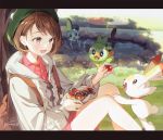  1girl :d artist_name backpack bag bangs bob_cut bowl brown_eyes brown_hair cardigan collared_dress day dress feeding feet_out_of_frame flat_chest food from_side gen_8_pokemon gomzi grass green_headwear grey_cardigan grookey happy hat holding hooded_cardigan knees_up letterboxed long_sleeves on_ground open_mouth outdoors outstretched_arm pink_dress poke_ball_symbol pokemon pokemon_(creature) pokemon_(game) pokemon_swsh pond reaching running scorbunny short_hair sitting skewer smile sobble sparkle splashing swept_bangs tam_o&#039;_shanter tiptoes tomato tongue tongue_out tree tree_shade under_tree wading water yuuri_(pokemon) 