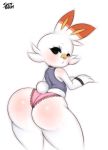  2019 anthro big_butt blush bottomwear butt choker clothed clothing crop_top digital_media_(artwork) english_text female fur hi_res humanoid jewelry lagomorph looking_at_viewer looking_back mammal midriff necklace nintendo panties pok&eacute;mon pok&eacute;mon_(species) saltyxodium scorbunny shirt signature simple_background solo solo_focus text topwear underwear video_games white_background white_body white_fur wristband 