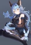  1girl animal_ears bangs bare_shoulders black_background black_footwear black_gloves blue_hair blush boots breasts bunny_ears elbow_gloves erune eyebrows_visible_through_hair ferry_(granblue_fantasy) fur_trim ghost gloves granblue_fantasy hair_between_eyes hair_ornament jewelry kachi long_hair looking_at_viewer medium_breasts sideboob simple_background single_earring sitting solo thigh_boots thighhighs wariza wavy_hair x_hair_ornament yellow_eyes 